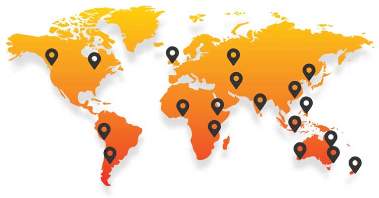 World Map With Pins That Indicate clients Worldwide
